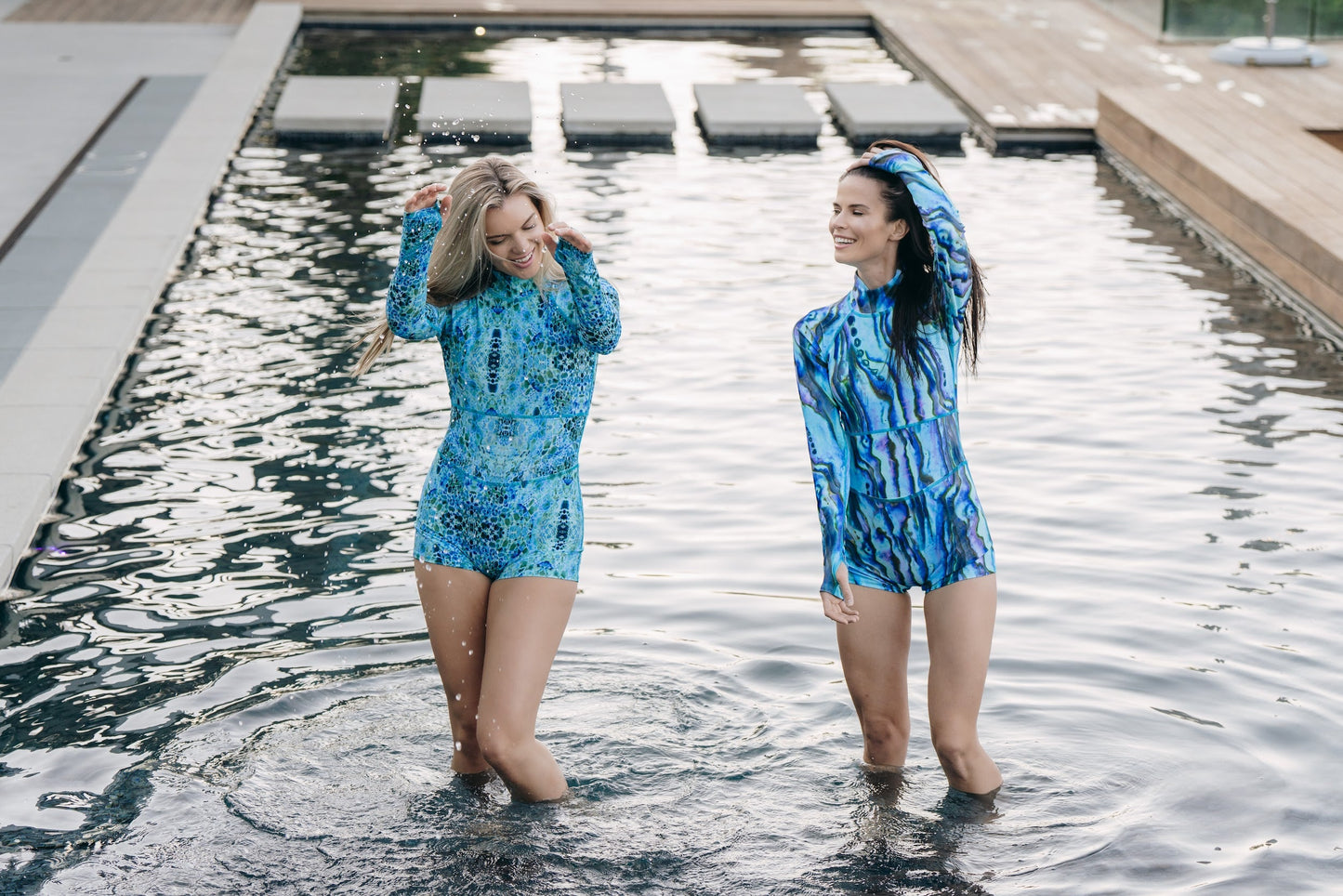 UPF 50+ Sun Protective Long Sleeve "Shorty" Swimsuit - Blue Abalone