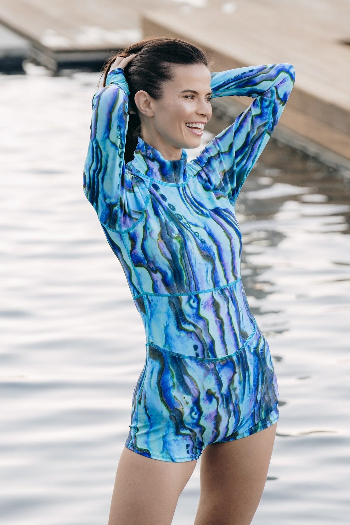 UPF 50+ Sun Protective Long Sleeve "Shorty" Swimsuit - Blue Abalone