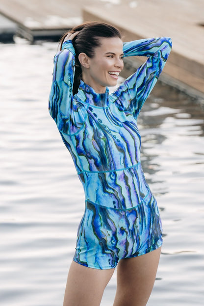UPF 50+ Sun Protective Long Sleeve "Shorty" Swimsuit - Blue Abalone