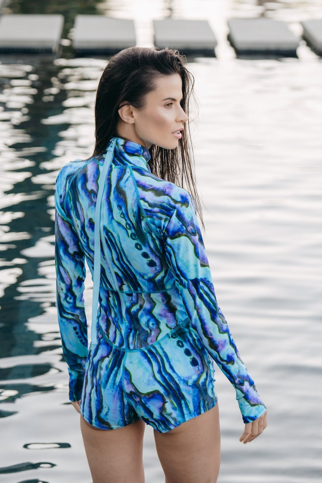 UPF 50+ Sun Protective Long Sleeve "Shorty" Swimsuit - Blue Abalone